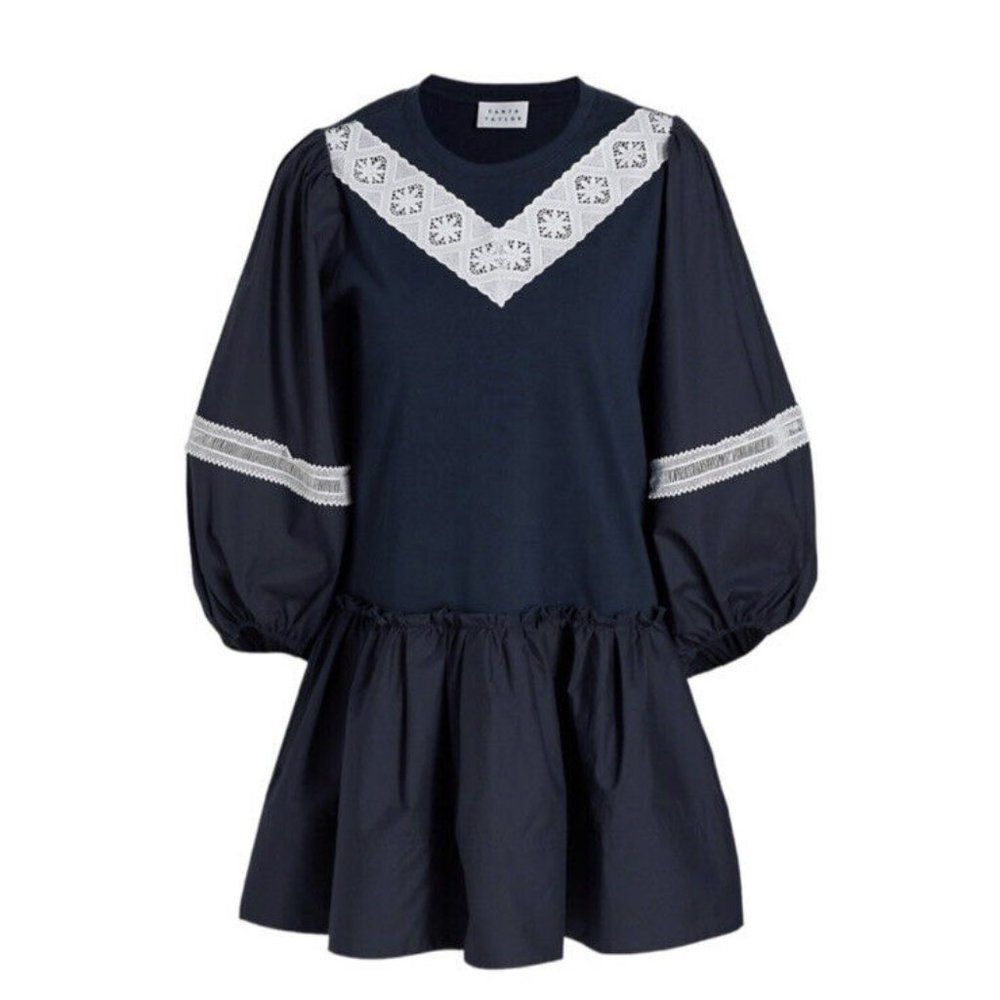 TANYA TAYLOR Kirstie Puff-Sleeve Drop-Waist Mini Dress Navy Blue Size Large NEW